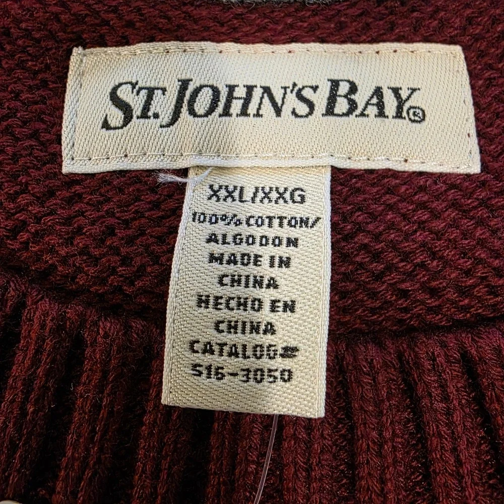 St Johns Bay Sweater Mens XXL, 2X Pullover‎ Crew Neck Burgundy 100% Cotton NWT